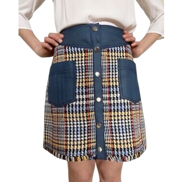 Zara Blue Multi Tweed Plaid Mini Skirt Pockets Snap Front Denim Colorful… - Picture 12 of 16